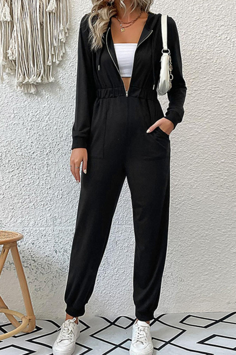 Zip Up Elastic Waist Hooded Jogger Jumpsuit In Black