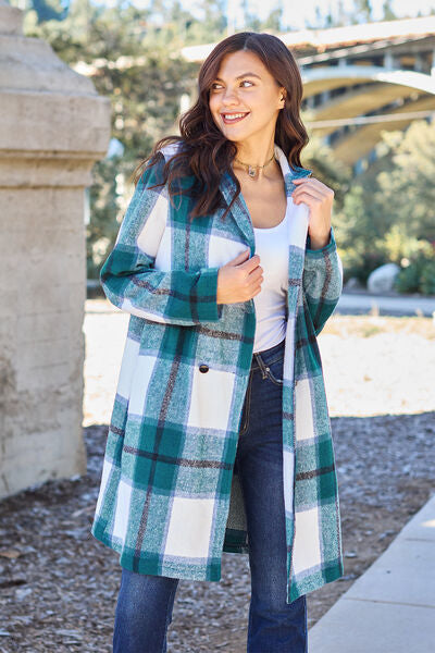 Double Take, Plaid Button Up Lapel Collar Coat In French Blue