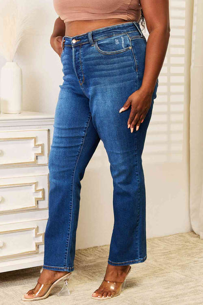 Side View, Plus Size, Judy Blue, High-Rise Hidden Button-Fly Straight Leg Dad Jeans Style 82556