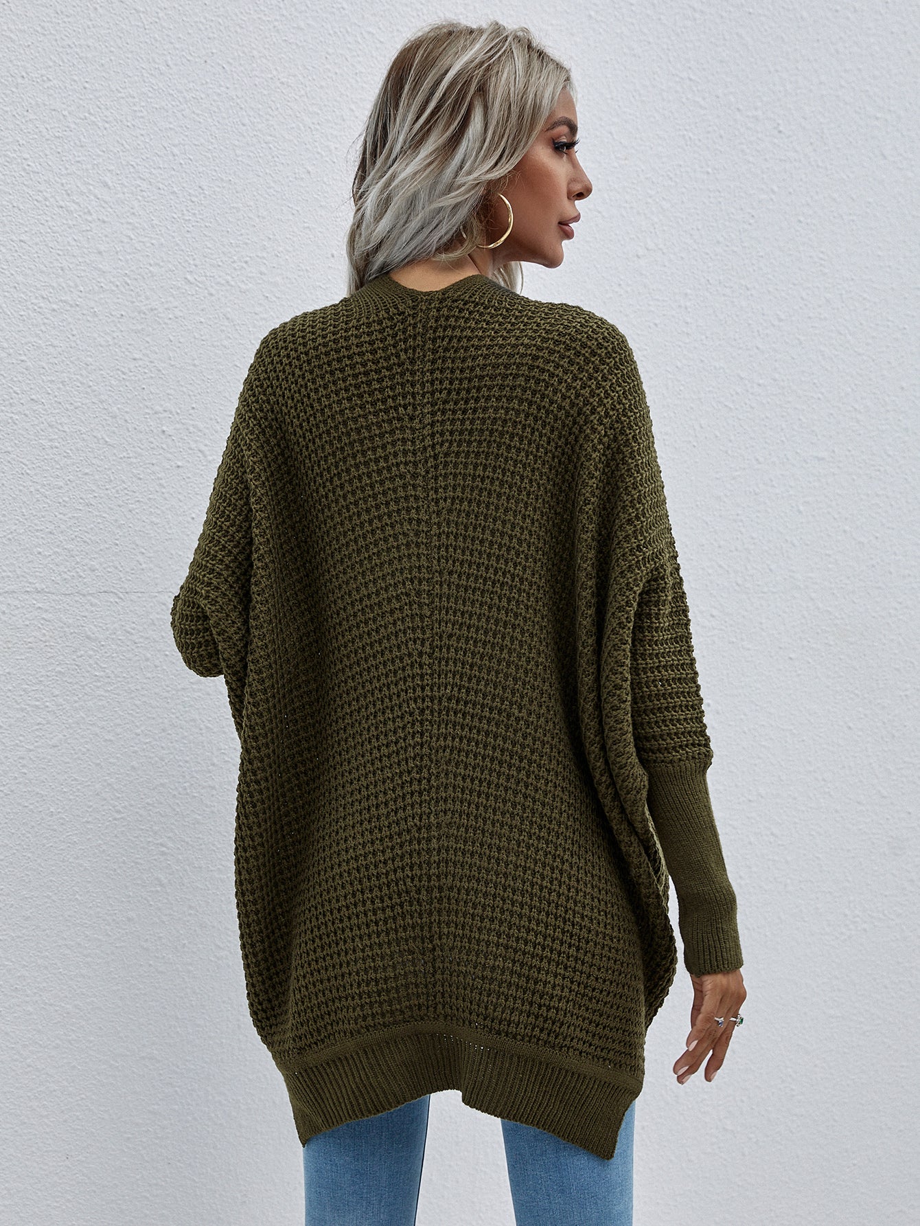 Back View, Waffle Knit Open Front Cardigan In Dark Green