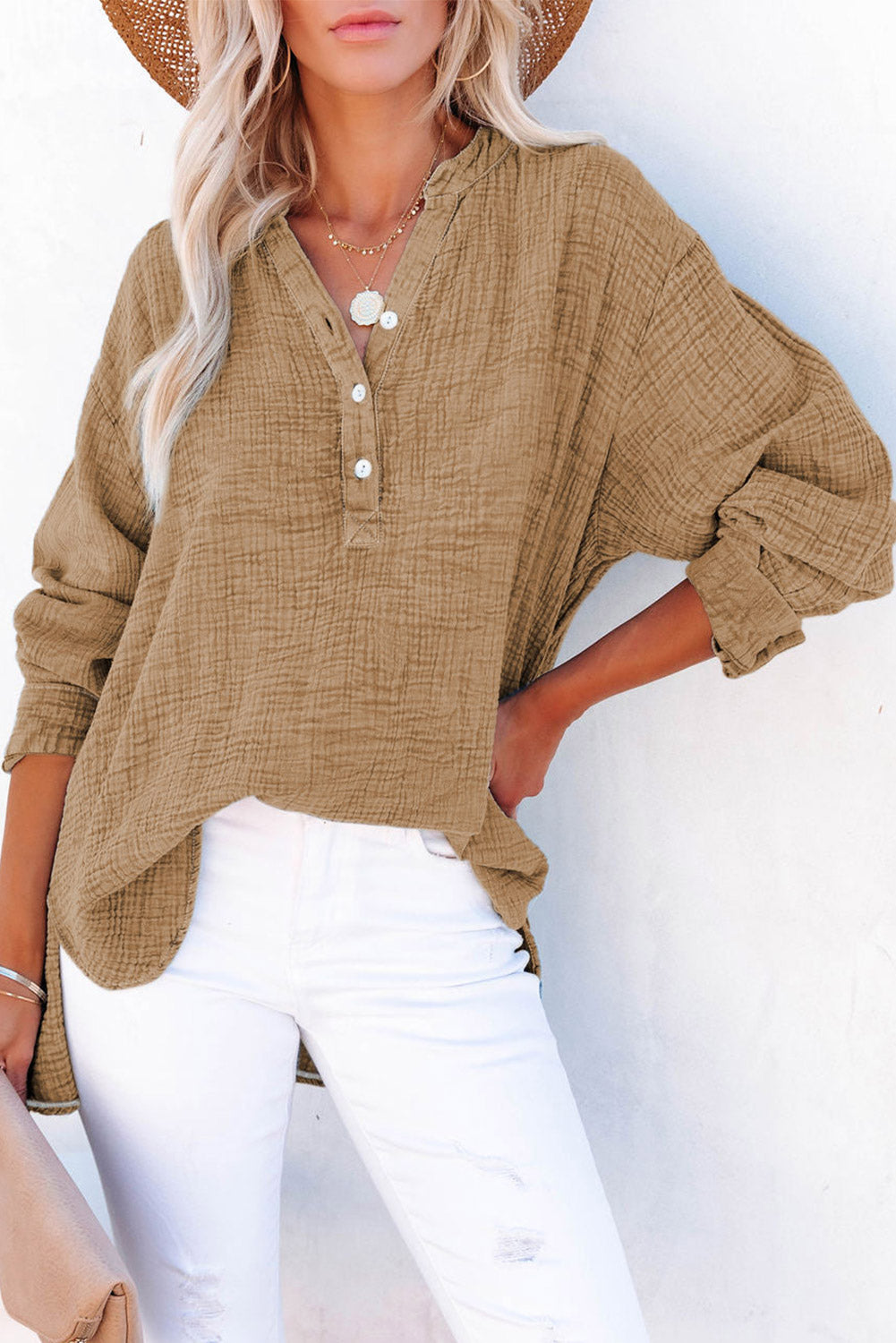 Buttoned Long Sleeve Blouse In Black In Khaki