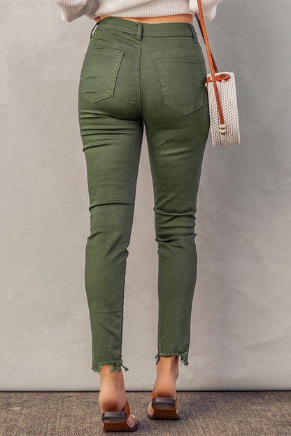 Back View, Baeful, Button Fly Hem Detail Skinny Jeans In Moss