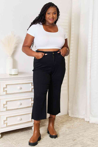 Plus Size, Judy Blue, High Waist Wide Leg Black Stretchy Cropped Jeans Style 88710