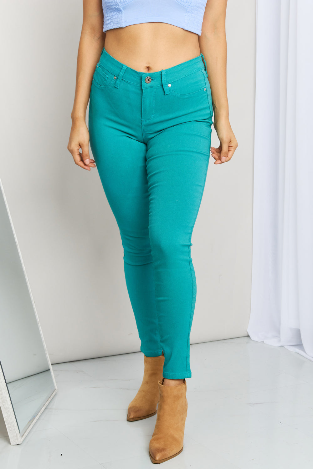 YMI Jeanswear, Kate Hyper-Stretch Full Size Mid-Rise Skinny Jeans in Sea Green