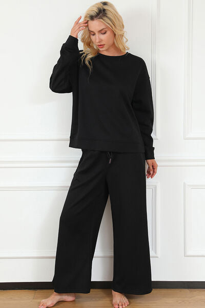 Double Take, Textured Long Sleeve Top and Drawstring Pants Set In Black