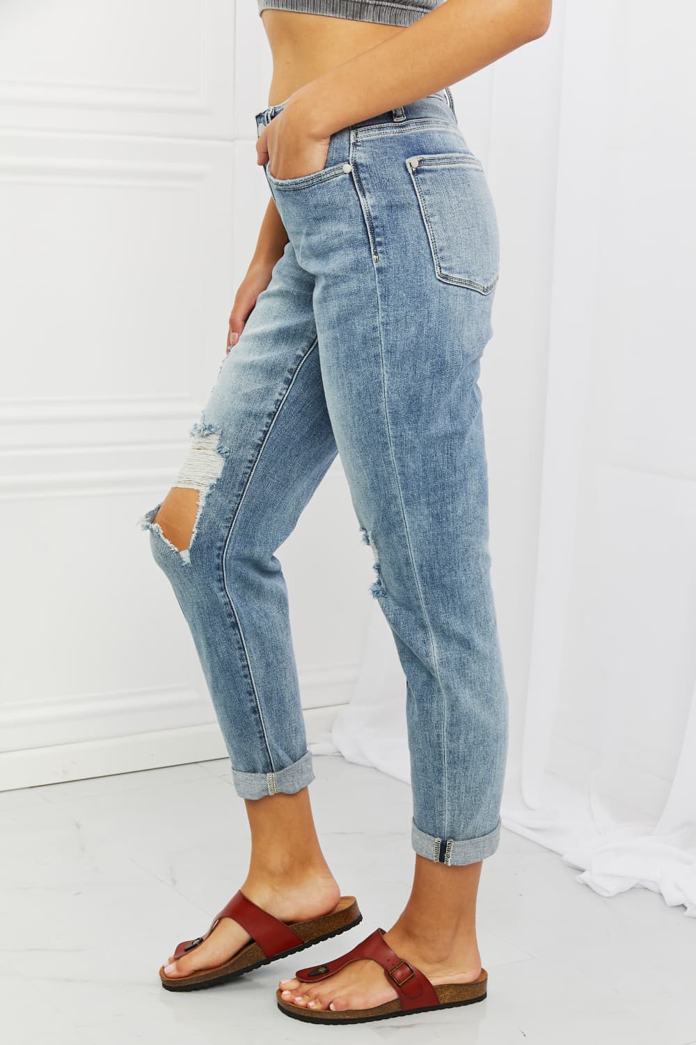 Side View, Judy Blue, Mid-Rise Ripped Double Cuff Boyfriend Jeans, 82458
