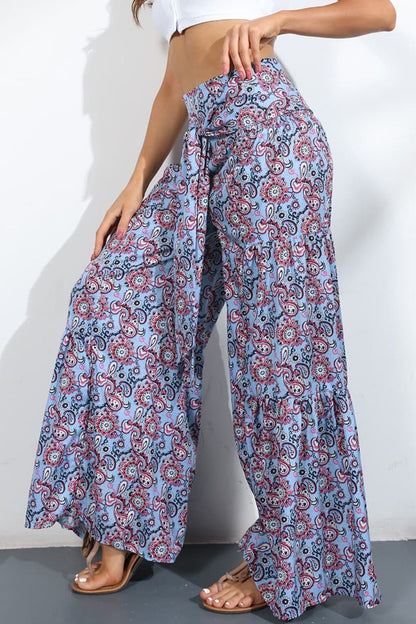 Side View, Printed High-Rise Tied Culottes In Pastel Blue