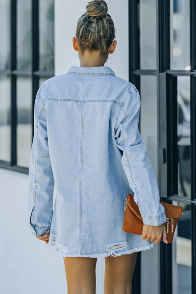 Back View, Distressed Snap Down Denim Jacket In Sky Blue