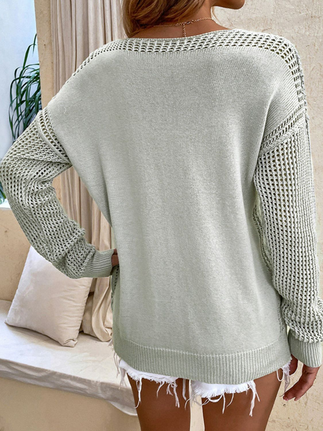 Back View, V-Neck Ribbed Trim Long Sleeve Knit Top In Gray Color