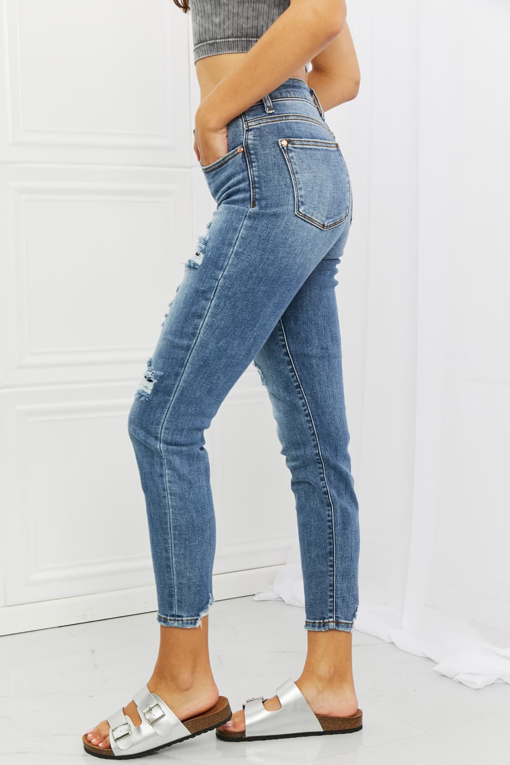 Side View, Judy Blue, Mid Rise Navy Blue Patched Destroy Relaxed Jeans
