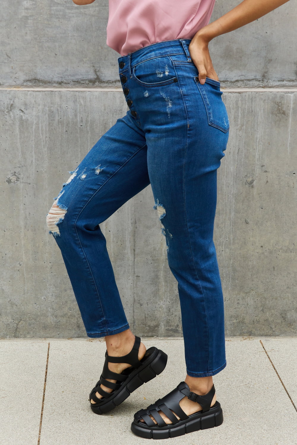 Side View, Judy Blue, High Waist Zigzag and Button Fly Destroyed Boyfriend Jeans Style 88526