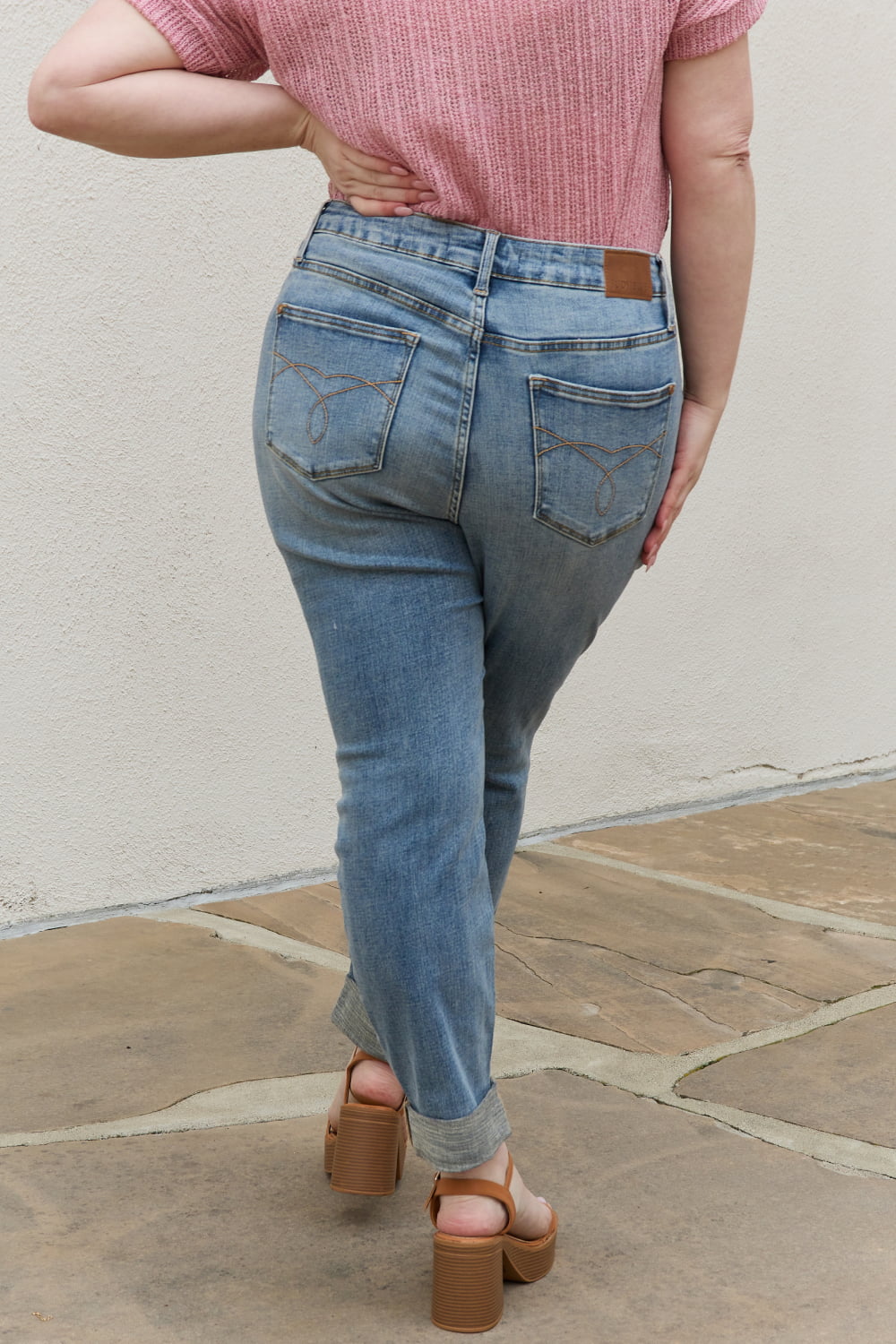 Back View, Plus Size, Judy Blue, Mid-Rise Boyfriend Fit with Destroyed Knee, Cuffed Jeans Style 88605