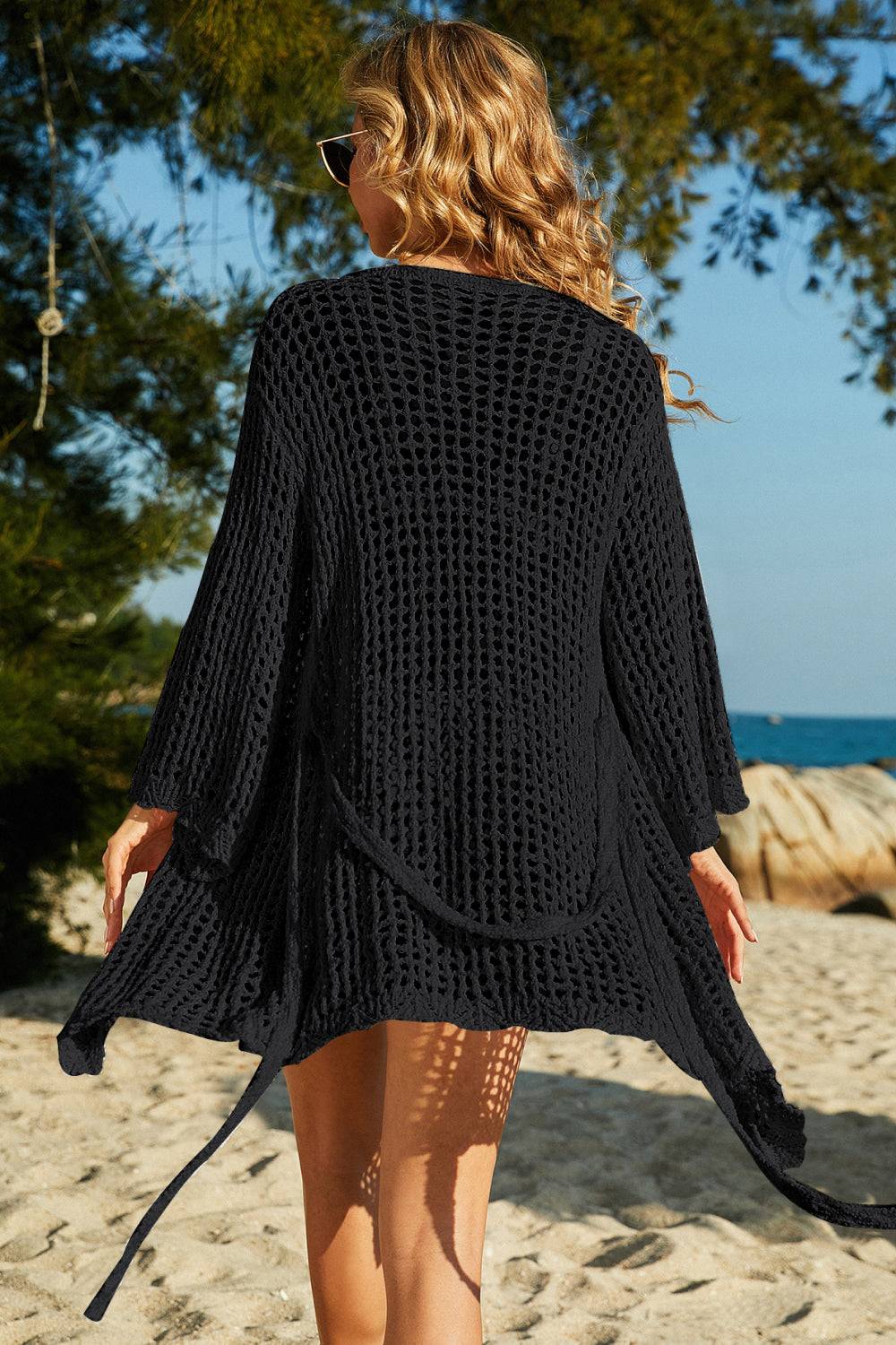 Back View, Black, Openwork Crochet Cover Up With Tie-Waist