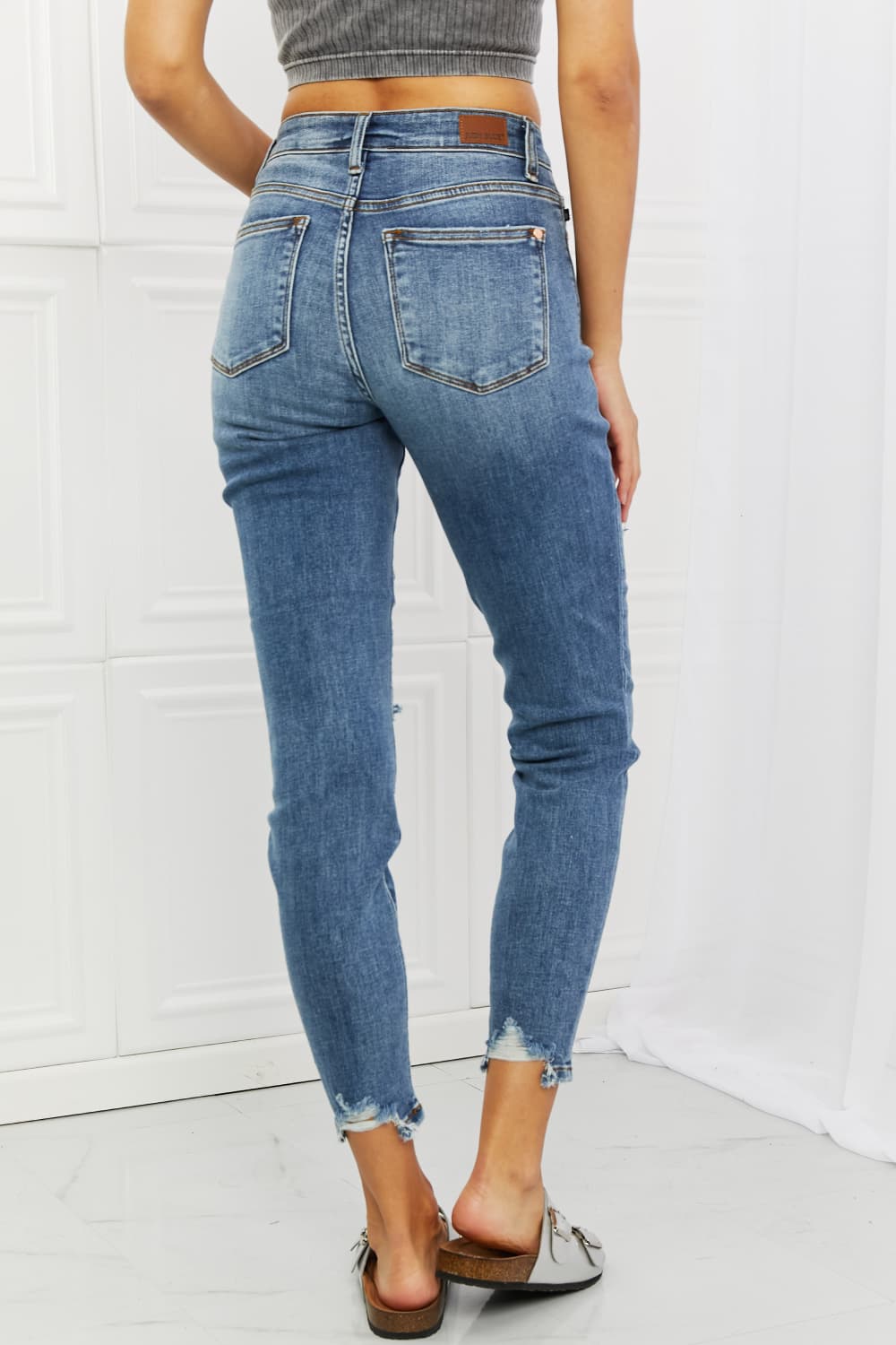 Back View, Judy Blue, Mid Rise Navy Blue Patched Destroy Relaxed Jeans
