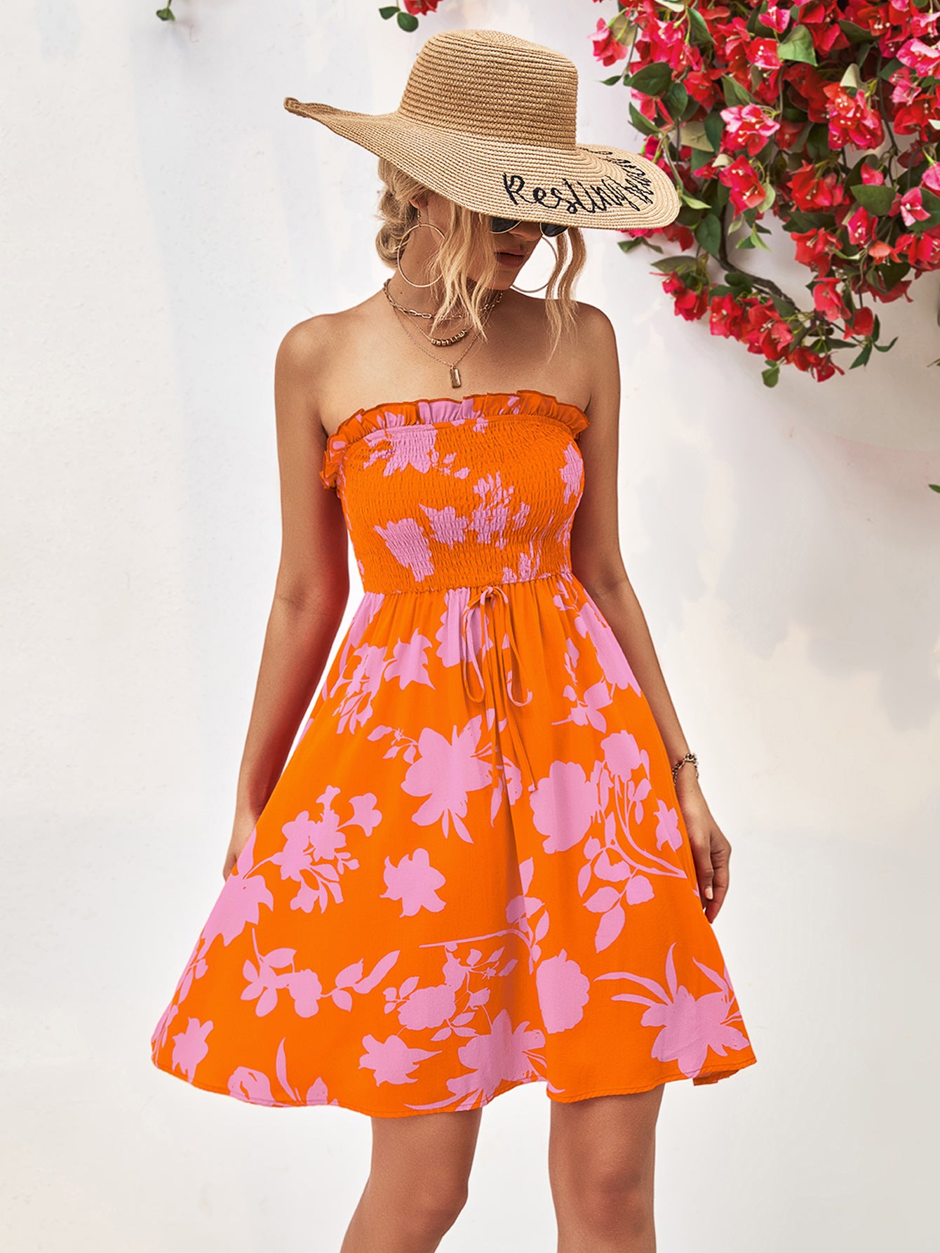Floral Frill Trim Strapless Smocked Dress In Orange