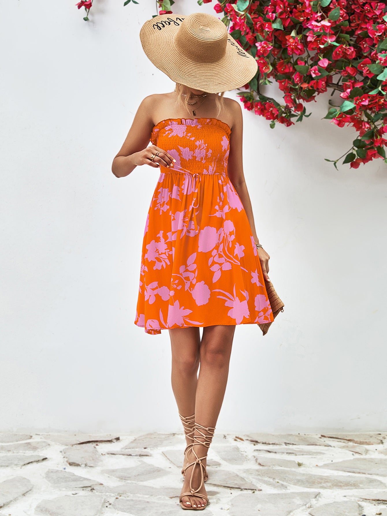 Floral Frill Trim Strapless Smocked Dress In Orange