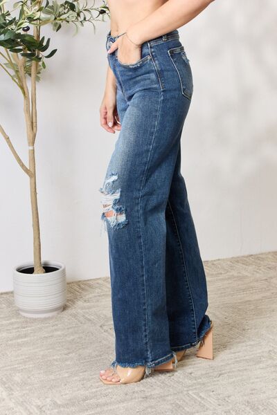 Side View, Judy Blue Women's High-Rise 90's Straight Leg Ripped Jeans Style 82592