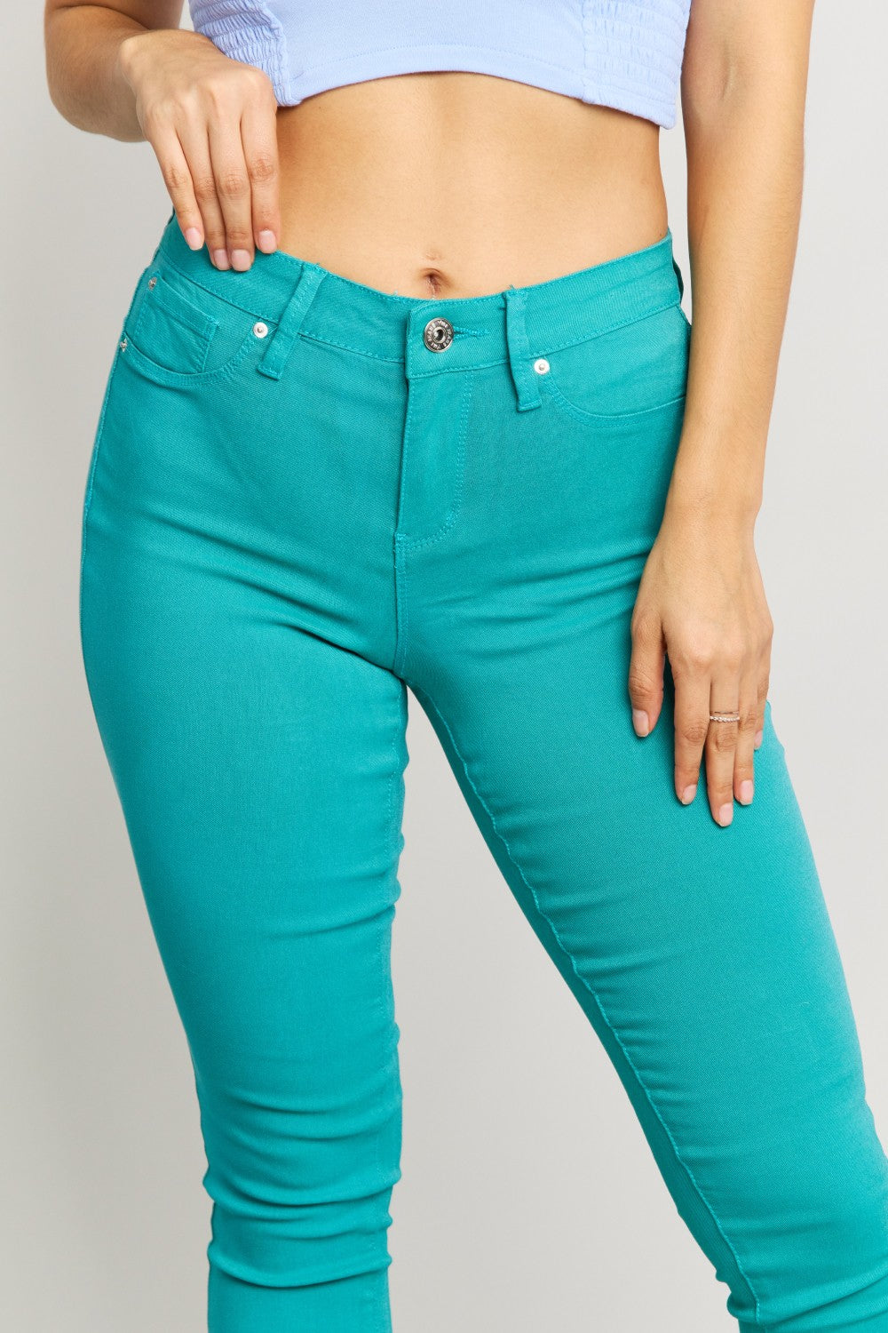 Close-Up, YMI Jeanswear, Kate Hyper-Stretch Full Size Mid-Rise Skinny Jeans in Sea Green
