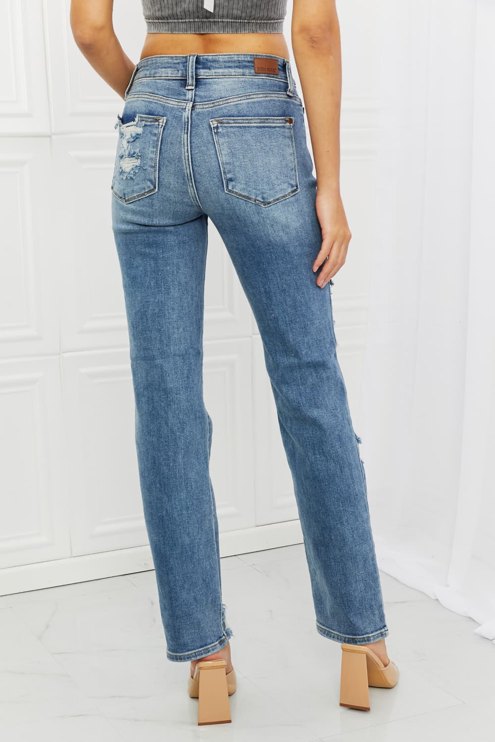 Back View, Judy Blue, Mid-Rise Heavy Destroy Straight Jeans