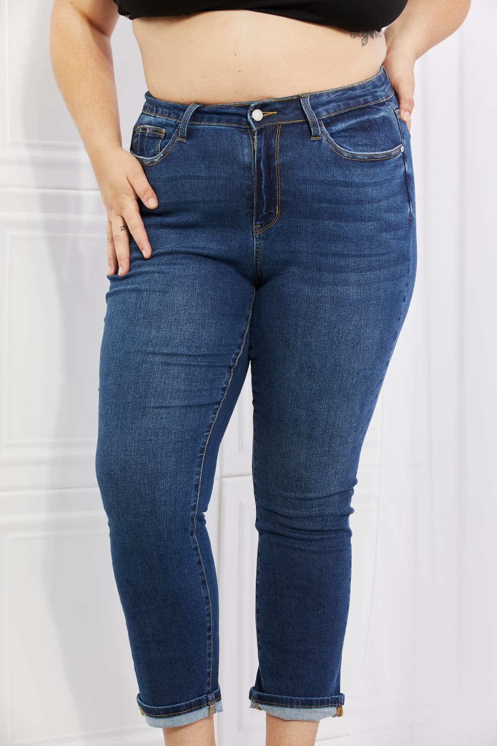 Close-Up, Plus Size, Judy Blue, High-Rise Sustainable Cool Denim Cuffed Boyfriend Jeans Style 88608