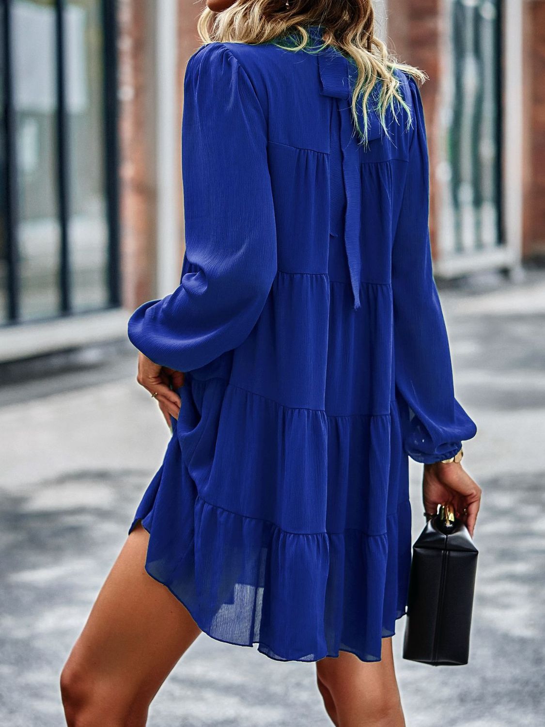 Back View, Frill Neck Puff Sleeve Tiered Dress In Blue