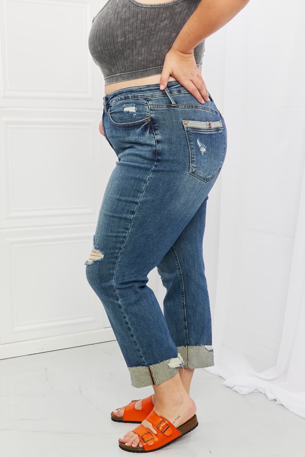 Side View, Plus Size, Judy Blue, Mid-Rise Destroyed Single Cuff Dad Straight Leg Pants