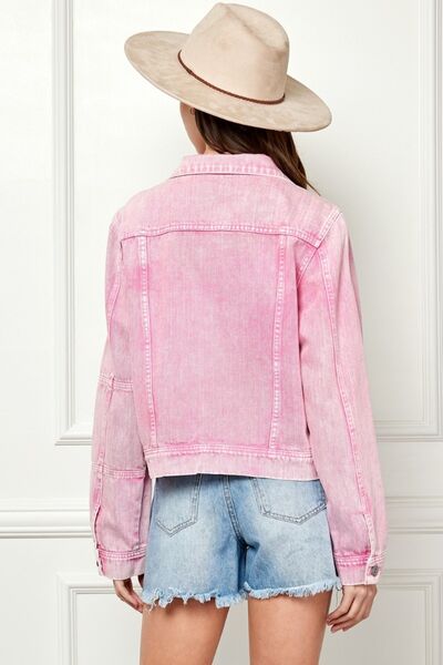 Back View, Veveret, Button Up Cropped Denim Jacket In Pink