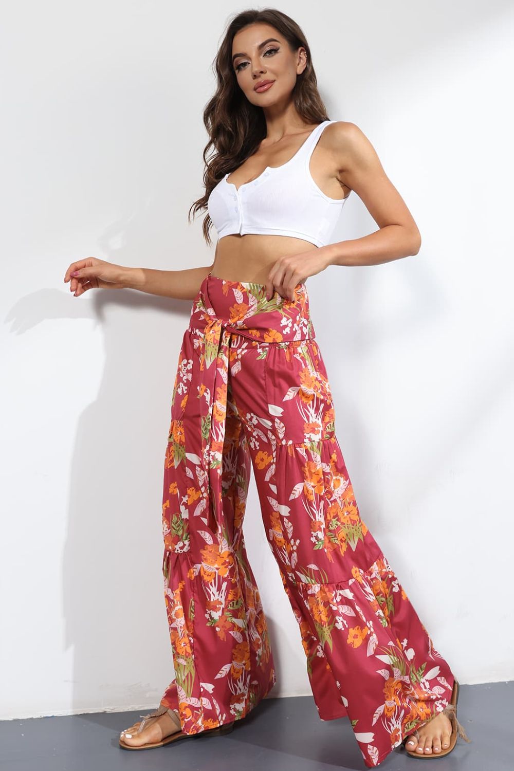 Printed High-Rise Tied Culottes In Deep Red