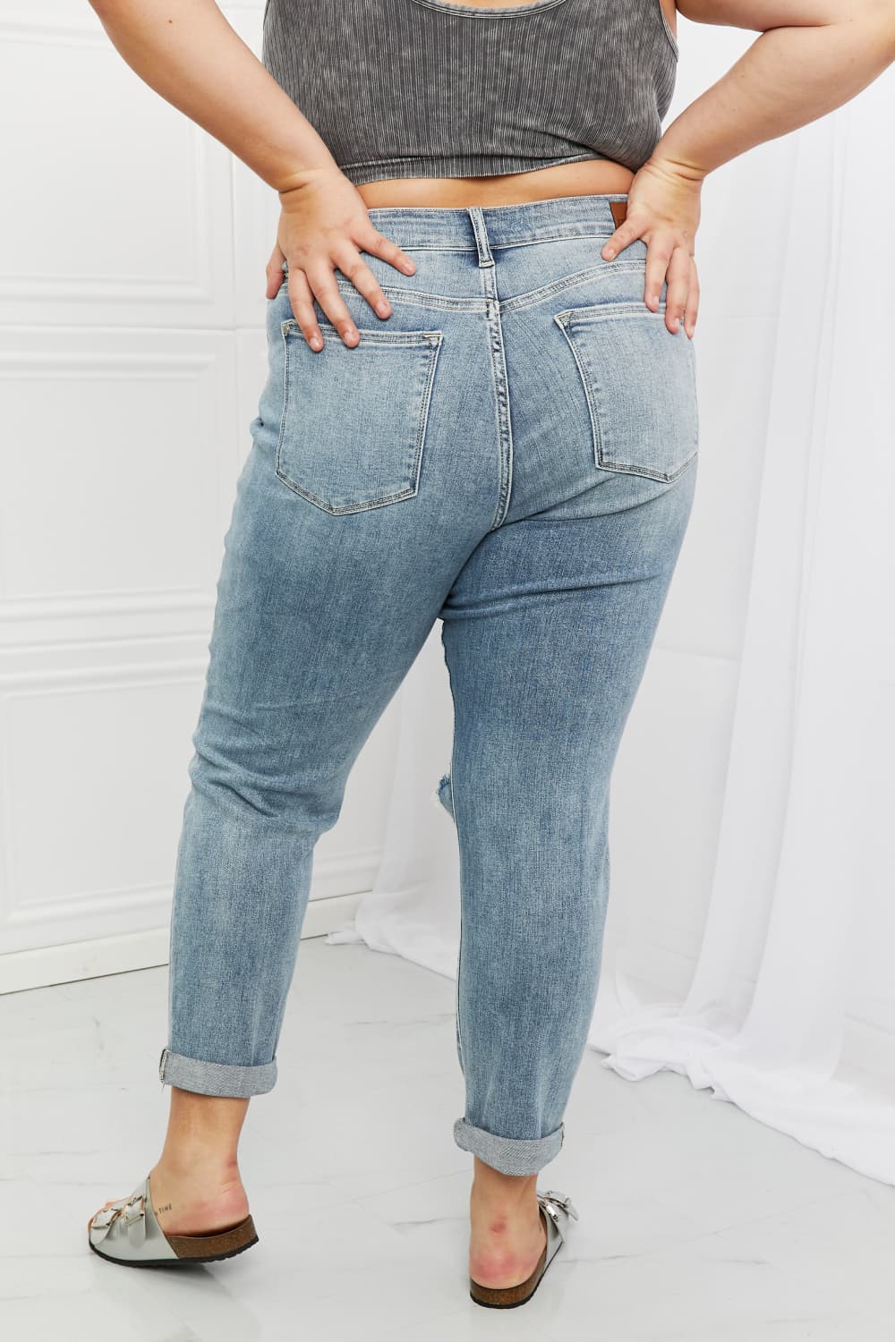 Back View, Plus Size, Judy Blue, Mid-Rise Ripped Double Cuff Boyfriend Jeans, 82458