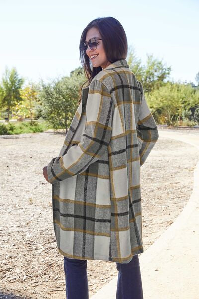 Back View, Double Take, Plaid Button Up Lapel Collar Coat In London Plaid
