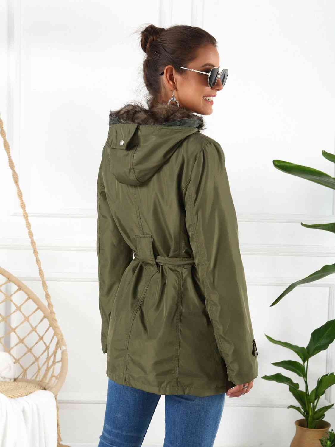 Back View, Hooded Jacket with Detachable Liner (Three-Way Wear) In Army Green