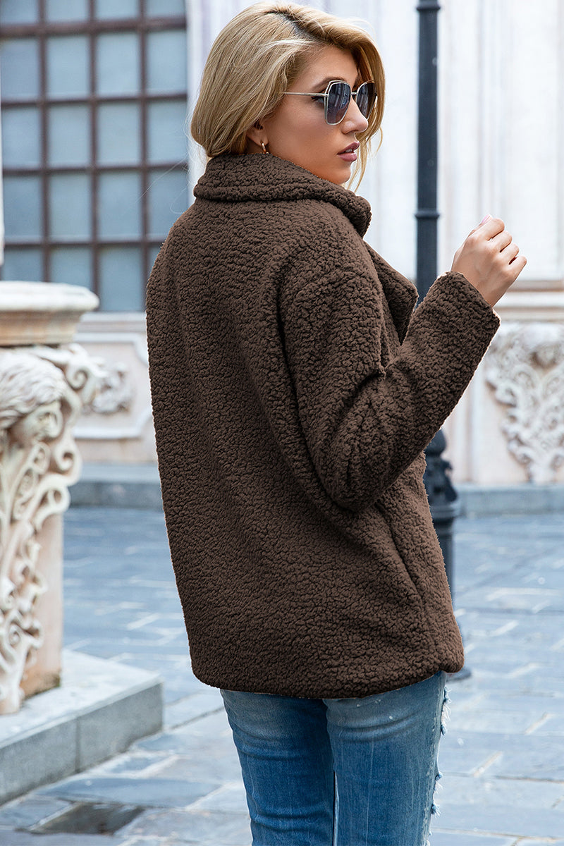 Back View, Lapel Collar Sherpa Coat In Coffee Brown