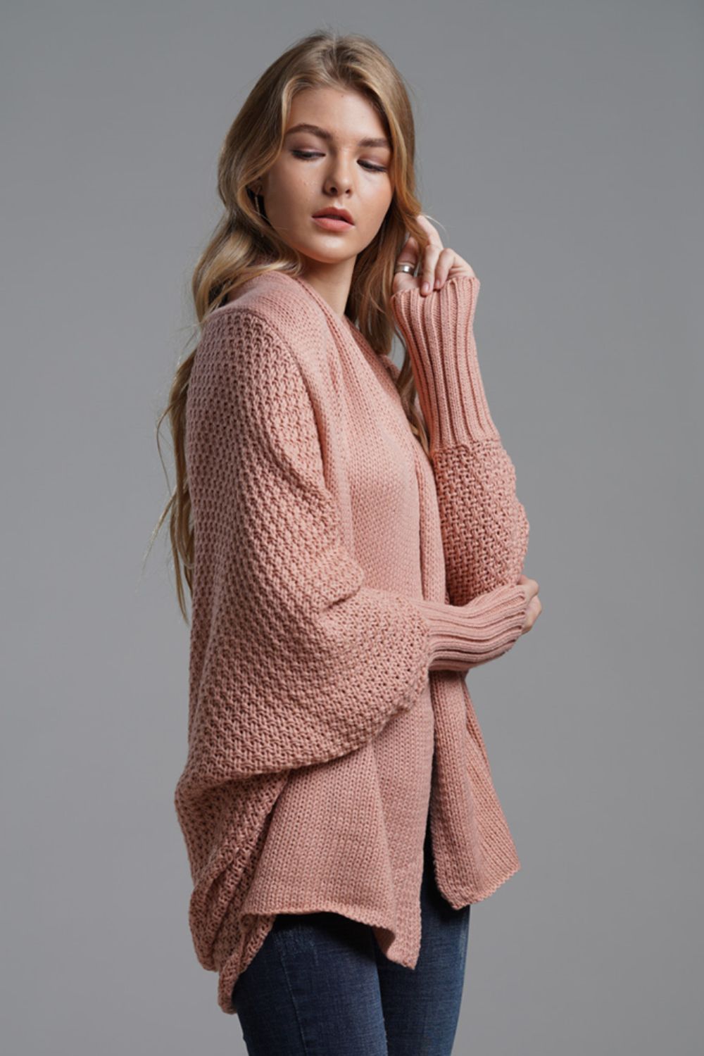 Side View, Dolman Sleeve Open Front Ribbed Trim Longline Cardigan In Pink