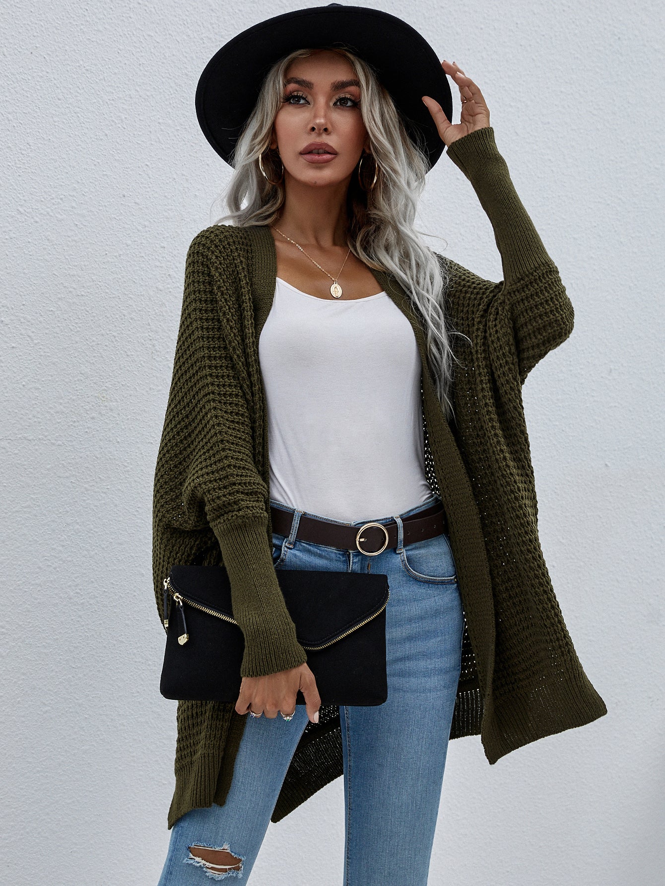 Waffle Knit Open Front Cardigan In Dark Green