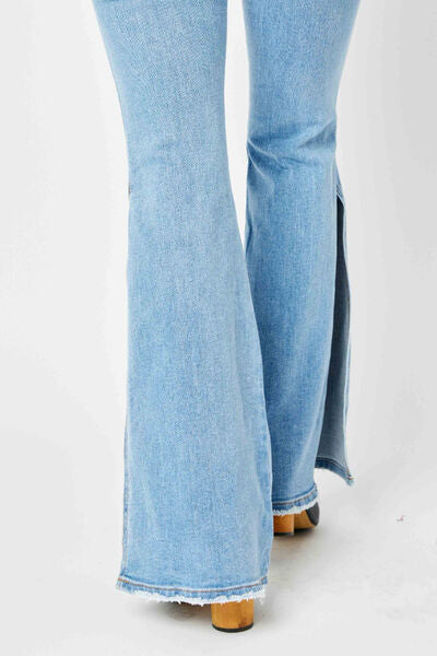 Close-Up, Judy Blue, Mid Rise Raw Hem Slit Flare Jeans Style 82601