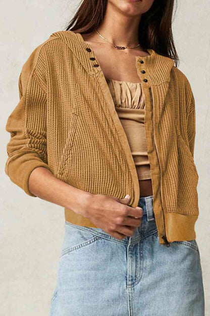 Waffle-Knit Long Sleeve Hooded Jacket In Honey