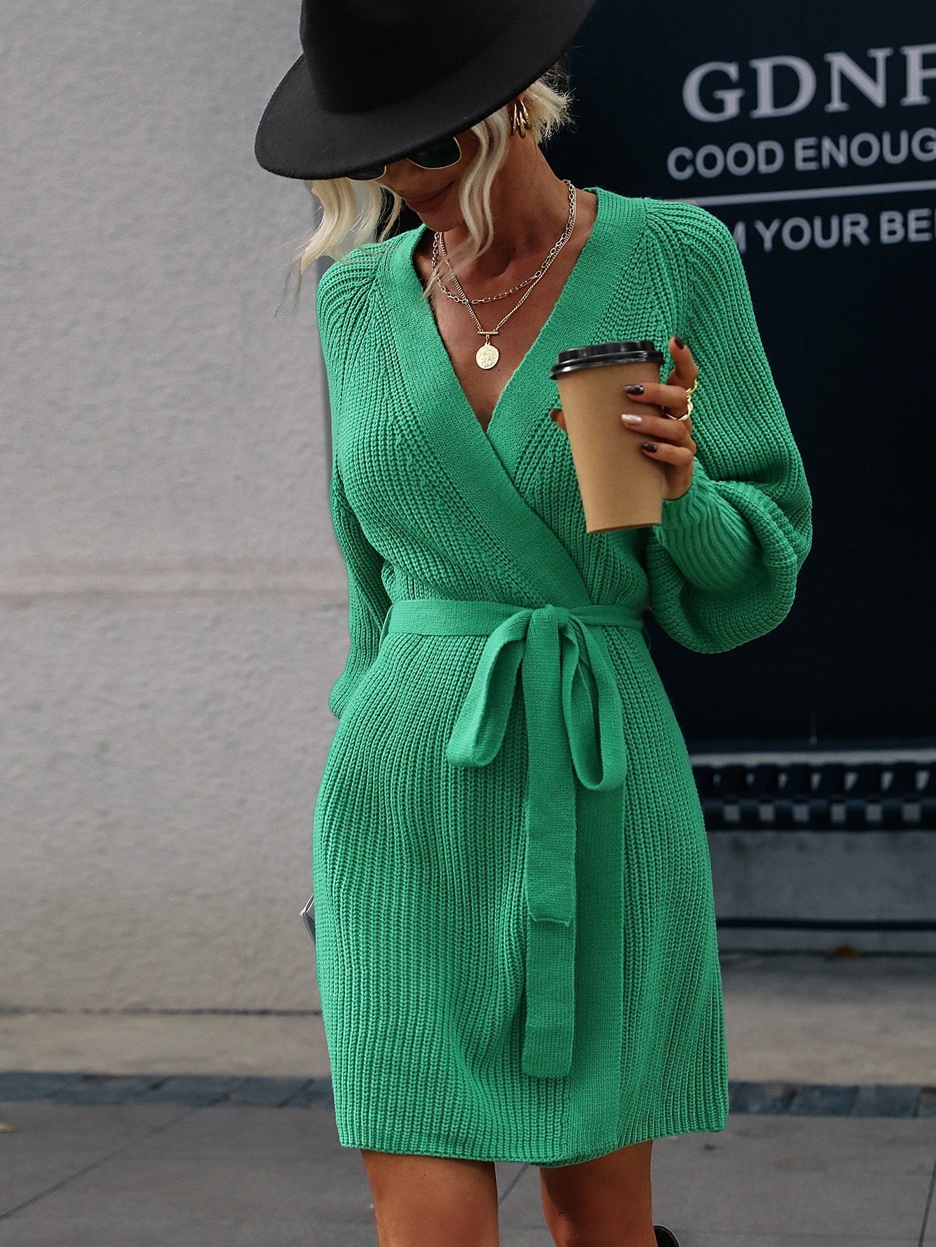 Belted Surplice Lantern Sleeve Wrap Sweater Dress In Green