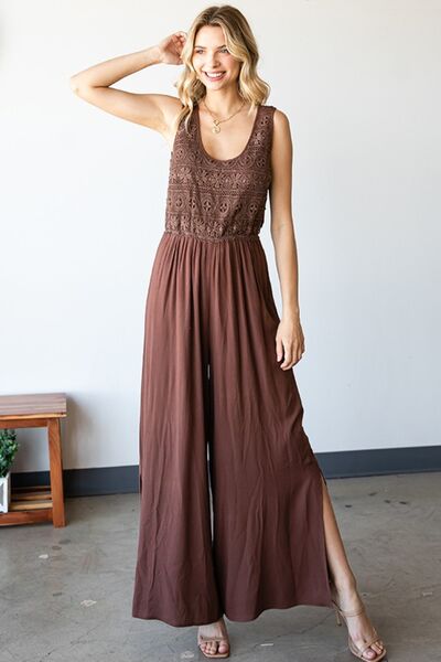 First Love, Tie Back Sleeveless Slit Wide Leg Jumpsuit