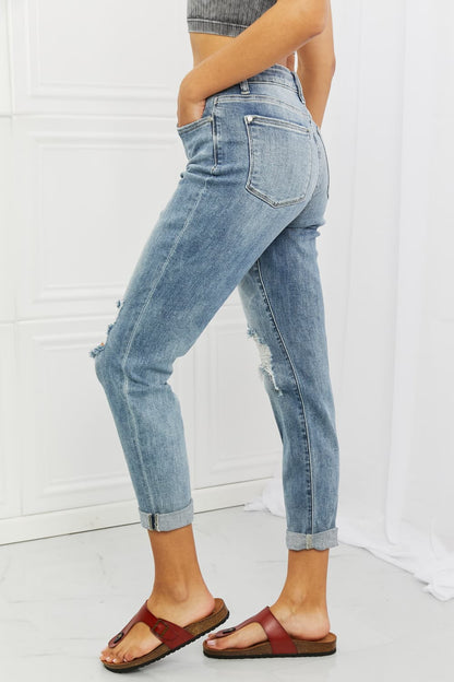 Side View, Judy Blue, Mid-Rise Ripped Double Cuff Boyfriend Jeans, 82458
