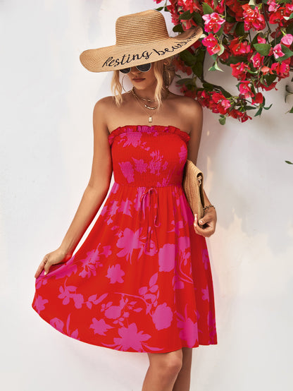 Floral Frill Trim Strapless Smocked Dress In Deep Red