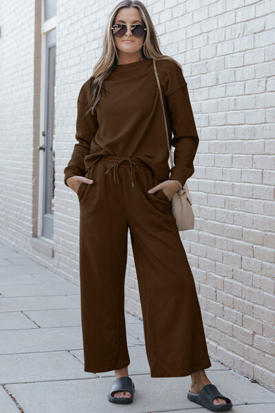 Double Take, Textured Long Sleeve Top and Drawstring Pants Set In Chestnut