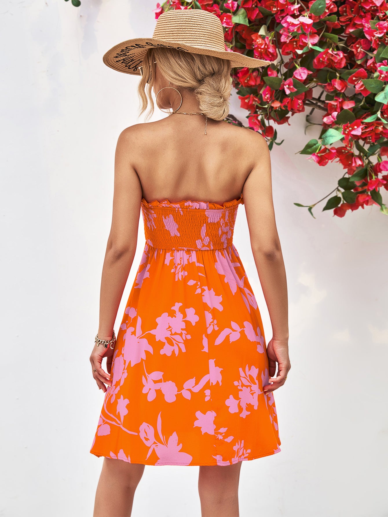 Back View, Floral Frill Trim Strapless Smocked Dress In Orange