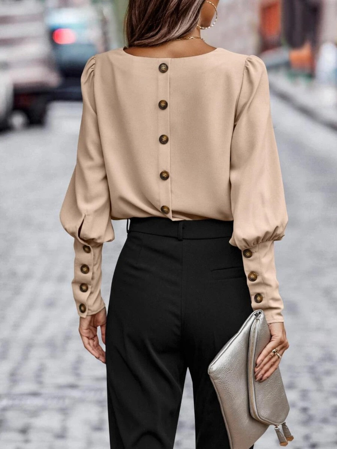 Back View, Round Neck Lantern Sleeve Blouse In Caramel