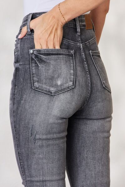 Close-Up, Back View, Judy Blue, High Waist Tummy Control Grey Wash Release Hem Skinny Jeans Style 88792