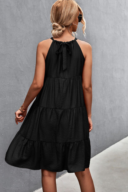 Back View, Grecian Tiered Sleeveless Dress In Black