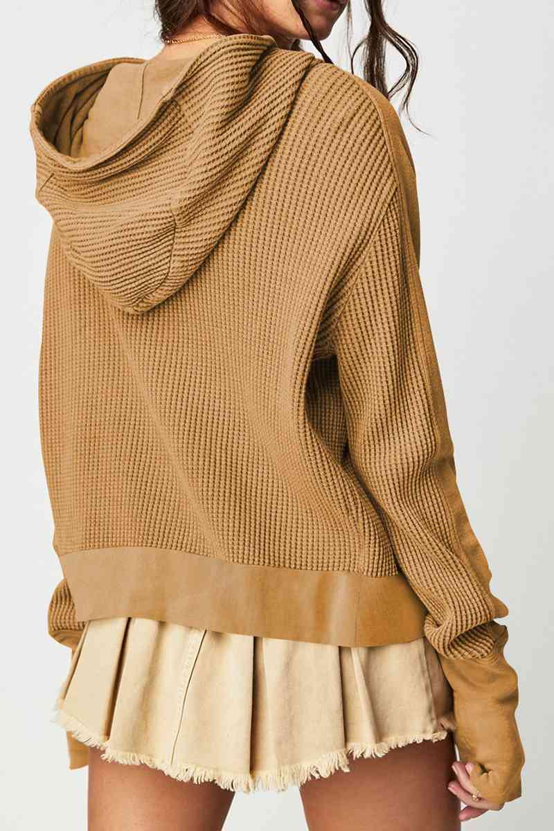 Back View, Waffle-Knit Long Sleeve Hooded Jacket In Honey