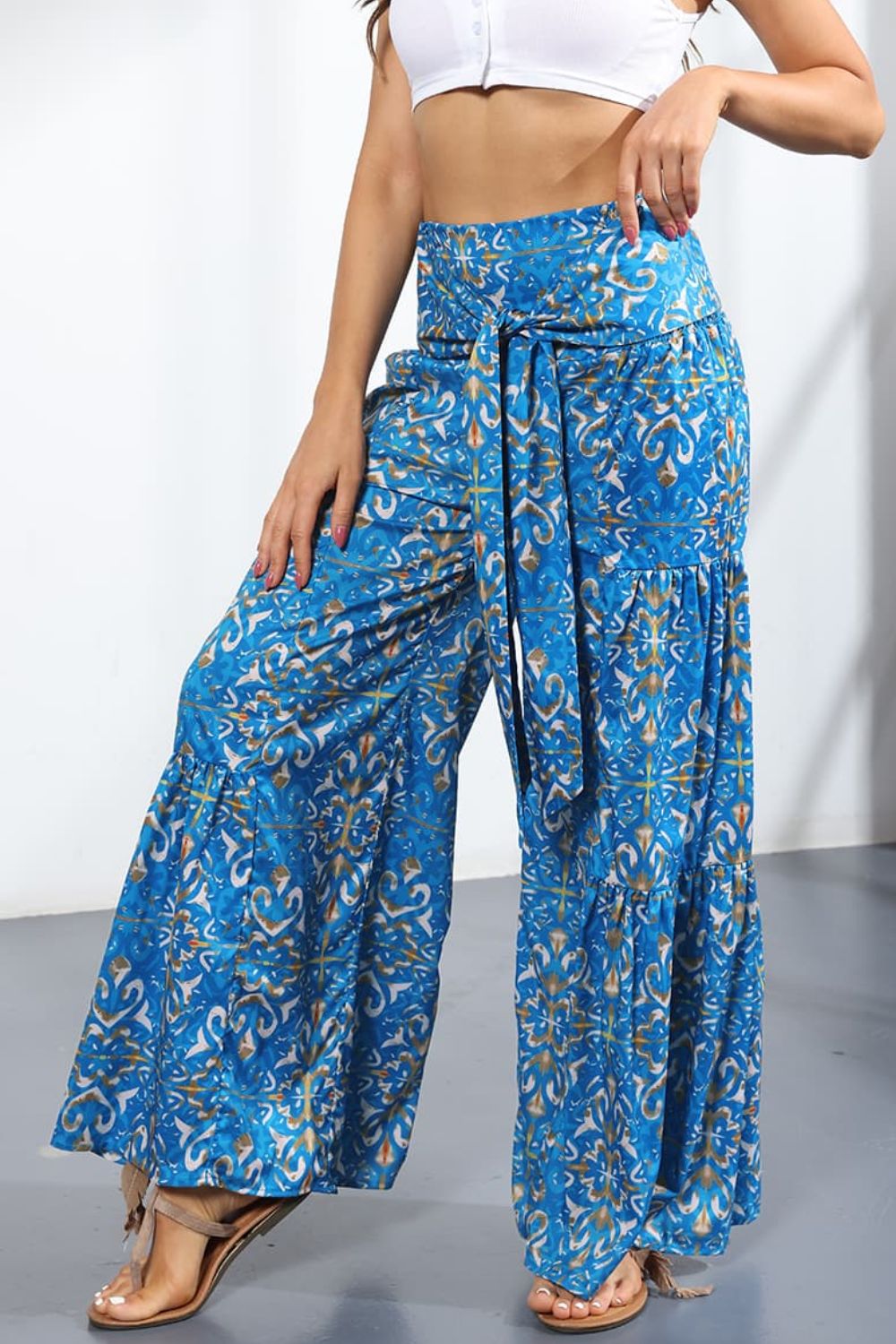 Side View, Printed High-Rise Tied Culottes In Sky Blue