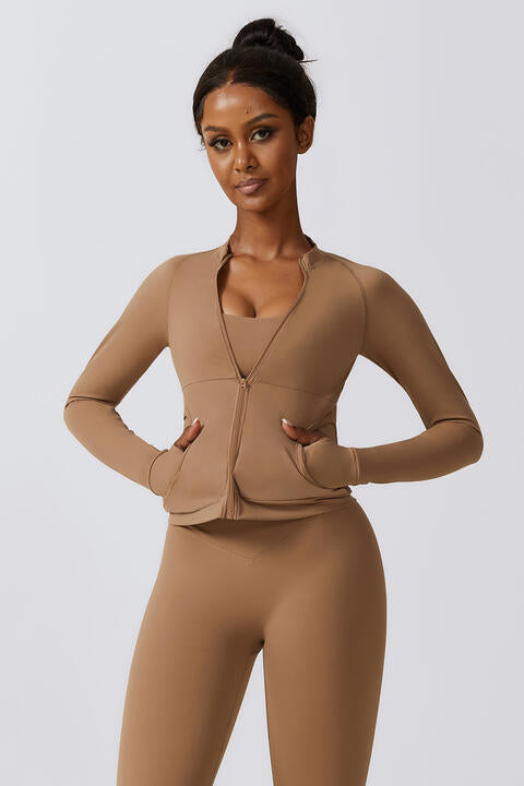 Zip-Up Long Sleeve Sports Jacket with Pockets In Camel