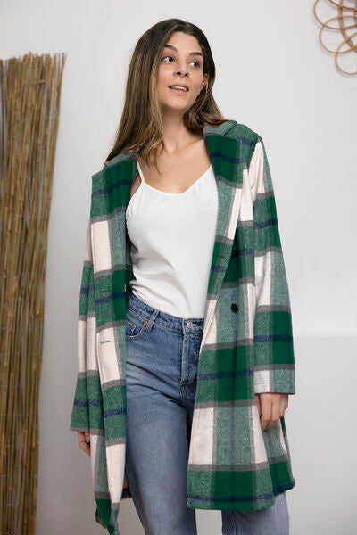 Double Take, Plaid Button Up Lapel Collar Coat In Green