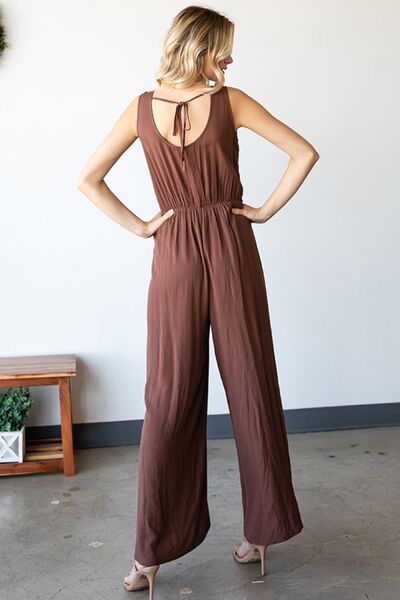 Back View, First Love, Tie Back Sleeveless Slit Wide Leg Jumpsuit